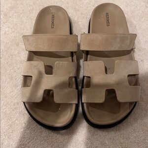 Hermes Chypre sandal beige Lin Tan Slide Sandals